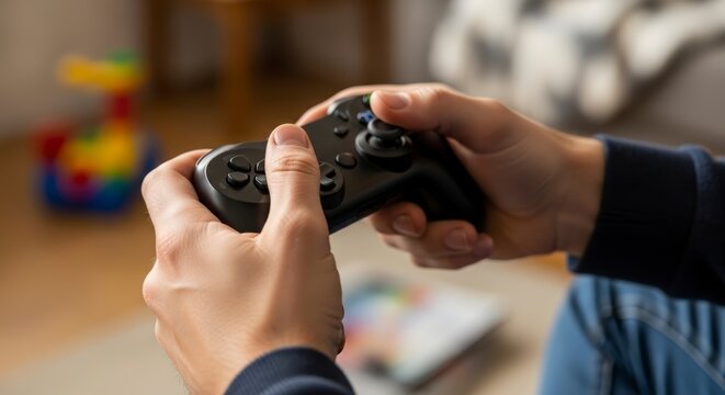Hands holding a video game controller.