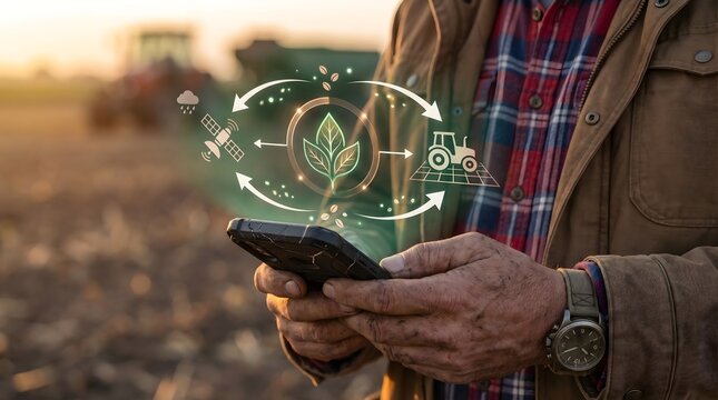 Farmer using smartphone with AgTech data loop holographic interface