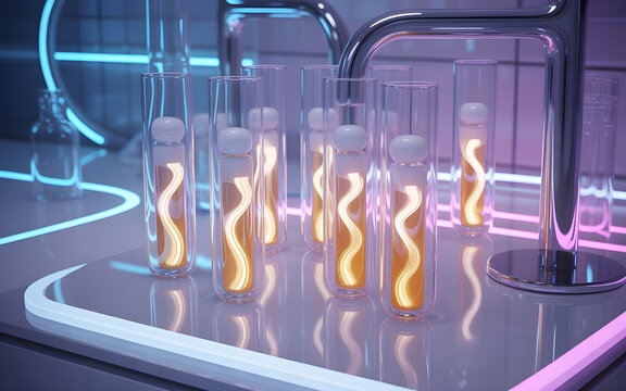 Skincare lab with glowing formulas combining Gluta-Hya and Vitamin C, futuristic glass tubes, neon accents