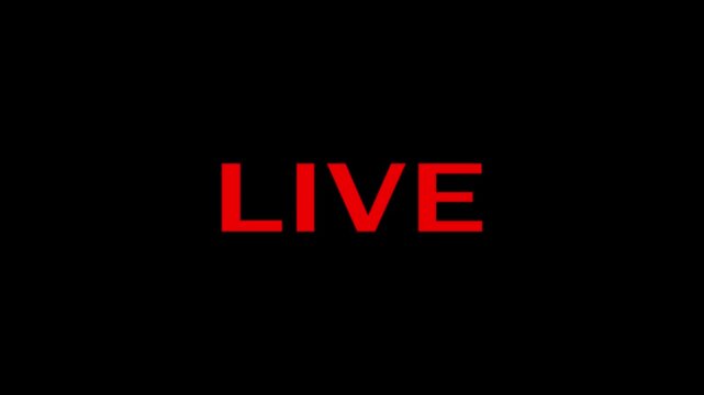 Bold red text spelling the word LIVE centered against a solid black background representing an active broadcast or current event status. Keywords: live, red, text, word, lettering, bold, font
