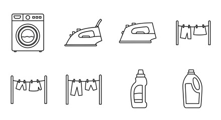 Fototapeta premium Laundry Icons: Washing Machine, Irons, Clothesline, Detergent Bottles