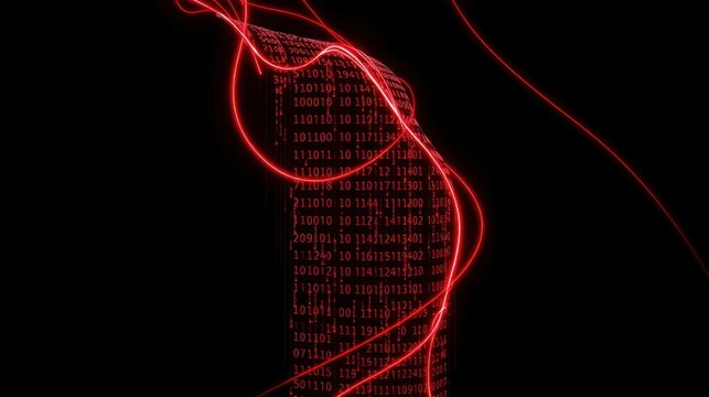 Red binary code streams down black background. Abstract digital rain effect creates futuristic vibe. Complex data visualization.