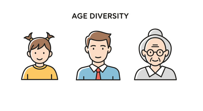 Age Diversity Concept: Child, Adult, Senior Icons Representing Different Generations