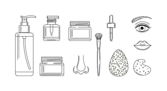 Cosmetic Products and Beauty Elements Line Art Illustration