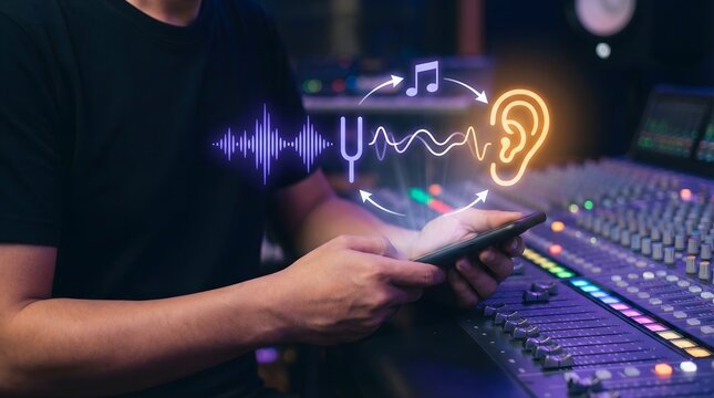 Sound engineer using smartphone with digital audio analysis holographic interface