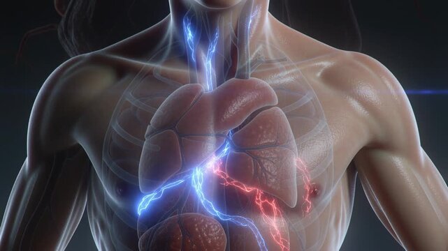 This video footage showcases a detailed 3D visualization of human lungs, highlighting electric pulses and anatomical features. Ideal for educational content and medical projects.
