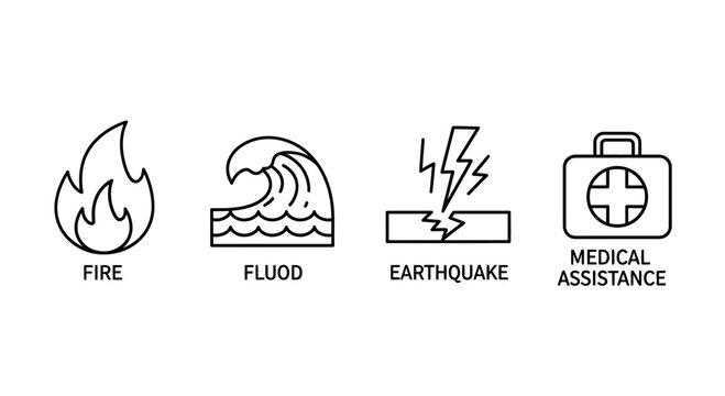 Disaster Icons: Fire, Flood, Earthquake, Medical Assistance - Emergency Symbols Set