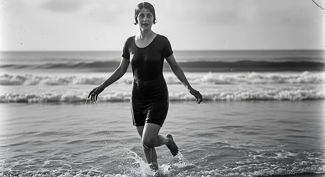 Vintage black and white photo of a woman running on a beach