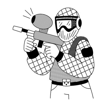 A doodle style illustration showing a paintball player shooting paint
