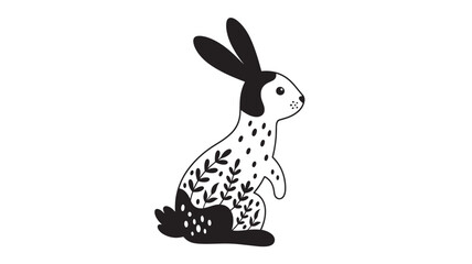 Obraz premium Rabbit illustration with black and white fur and scattered spots, featuring leafy plant sprigs in minimalist style
