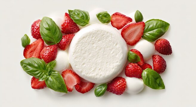 Fresh strawberries, basil, and soft white cheese artfully arranged