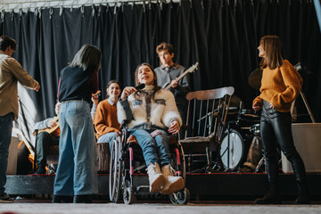 Student in a wheelchair sings into a microphone while classmates play instruments on stage. A group of students rehearses together in an inclusive band setting.