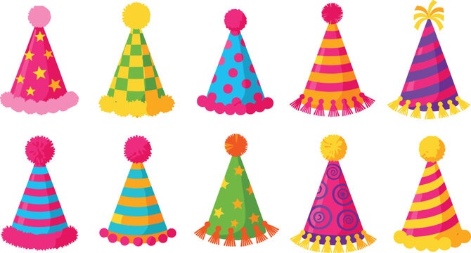 Colorful Party Hat Illustration Set Featuring Birthday Celebration Caps with Patterns and Pom Poms for Festive Events Decoration and Kids Party Design