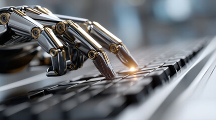Fototapeta premium Robot hand artificial intelligence metal finger keyboard technology automation cybernetic machine future digital robotic hand press key keyboard with glowing touch, futuristic automation concept