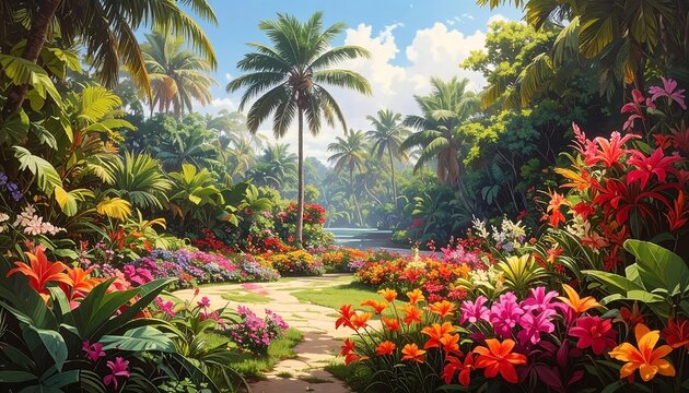 A vibrant tropical garden with a winding path