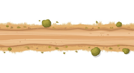 Top-down view of a dirt road with green bushes and dry grass vector © edit