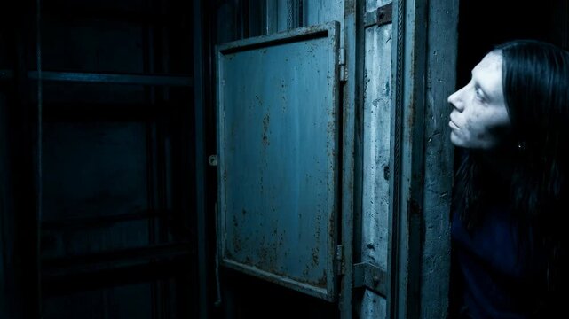 Woman hiding in dark industrial basement peering through opening. Scary horror concept with mysterious person watching from shadows in abandoned derelict building.
