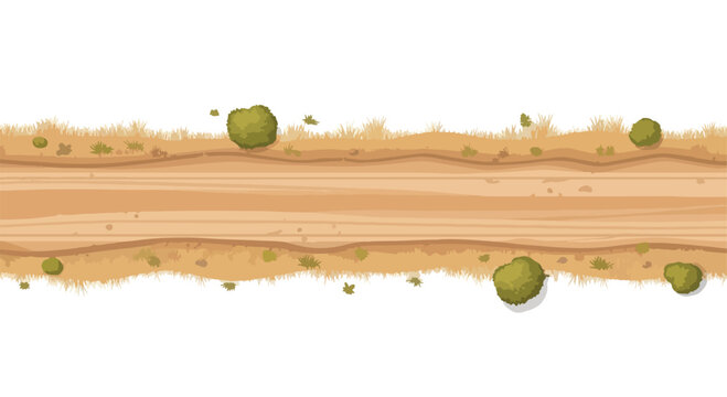 Top-down view of a dirt road with green bushes and dry grass vector