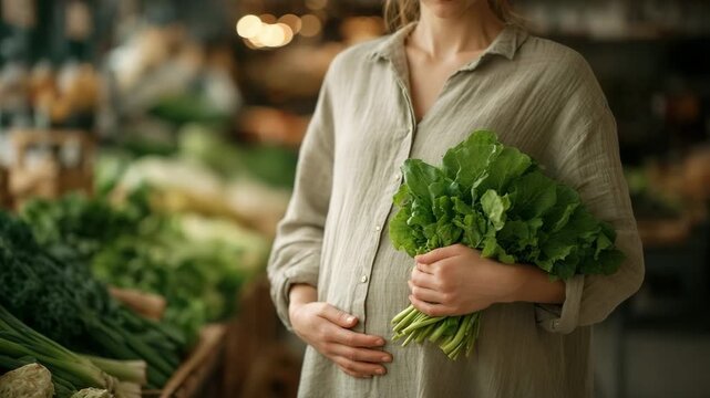 Pregnant woman holding fresh greens in eco store, slow natural movement. Concept of healthy nutrition, organic products, mindful pregnancy and sustainable lifestyle.