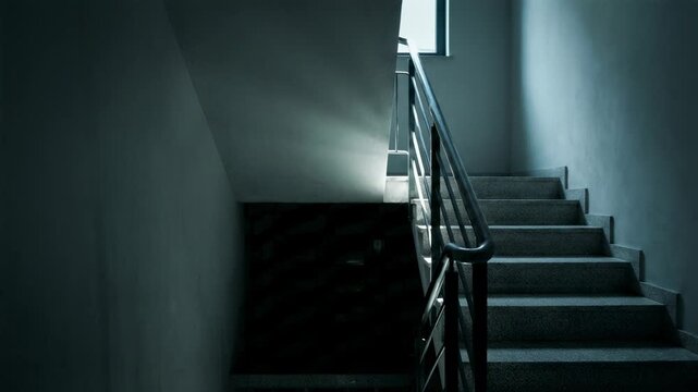Dark staircase at night. Spooky interior of old building hall. Horror concept with creepy shadow and mysterious light atmosphere for thriller or mystery project.