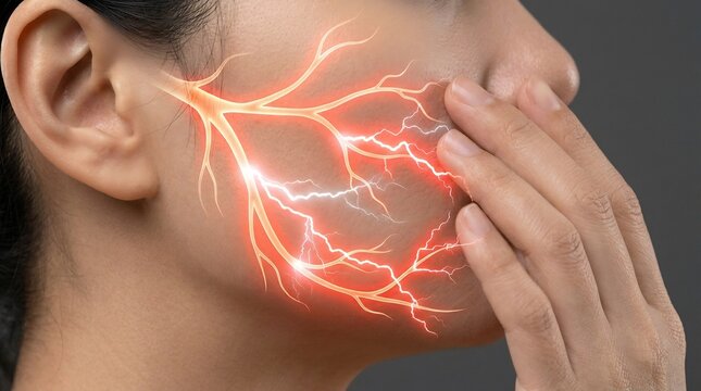 Woman experiences facial nerve pain visualized by glowing electrical impulses running along her jawline.