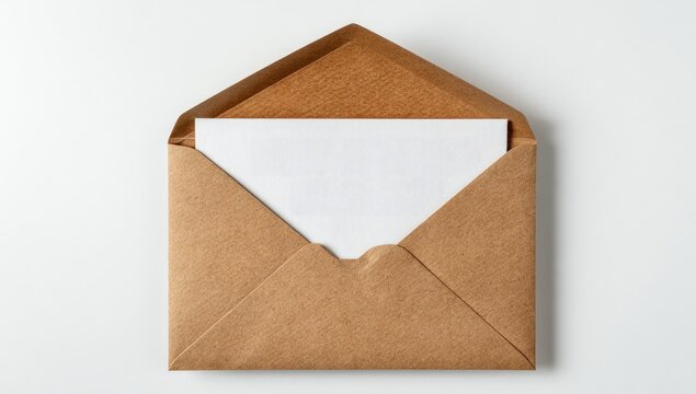 Open brown envelope reveals white paper, suggesting communication, correspondence, or an invitation
