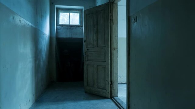 Abandoned corridor with open wooden door. Spooky hallway in basement during nighttime. Dark interior concept for horror movie setting and mysterious atmosphere.