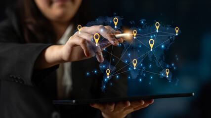 Concept of a global logistics network with location pins on a world map. This represents an international supply chain and distributed business locations for worldwide reach. Fermion © InfiniteFlow