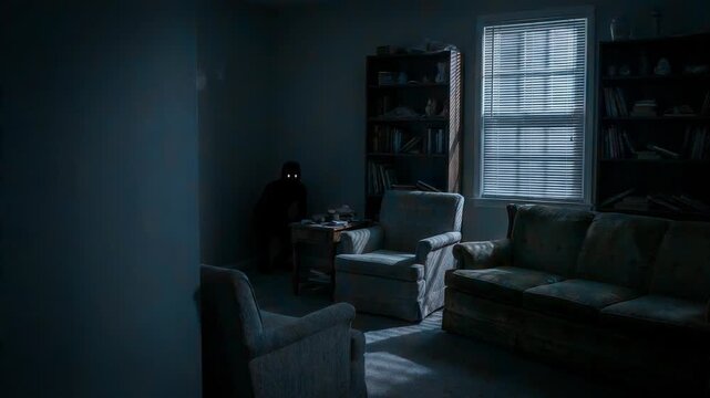 Dark shadowy figure with glowing eyes hiding in corner of gloomy living room. Eerie horror concept of supernatural entity lurking in house at night. Scary scene.
