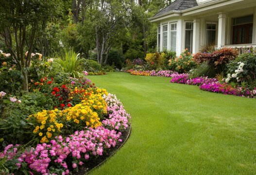 Lush, colorful garden beds frame a manicured lawn leading to a stately home