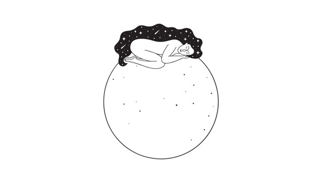 Moon phase illustration with black night sky stars and sleepy face with smooth outline for astrology design