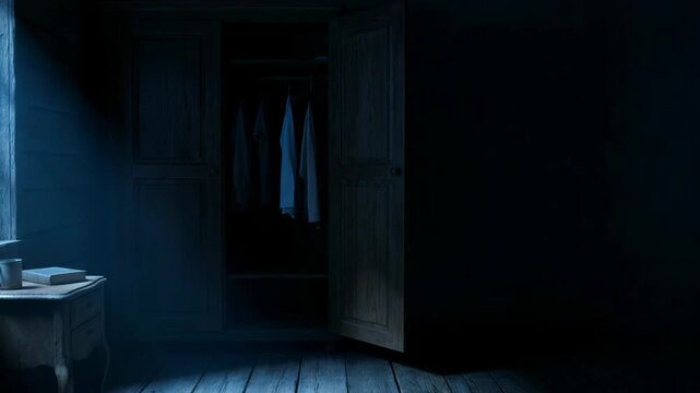 Mysterious bedroom with open wardrobe in night light. Creepy house interior at moonlight. Dark room atmosphere for horror thriller movie scene or suspense film.