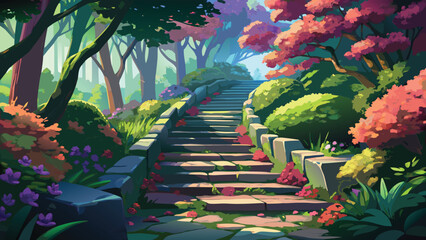 Vibrant cartoon landscape of Whimsical staircase through a vibrant autumnal forest glade Vector © CreativeKamrul