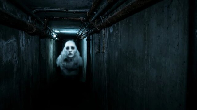 Ghostly woman apparition appearing in dark scary corridor. Eerie spirit stalking in narrow basement hallway. Mysterious supernatural entity horror scene concept.