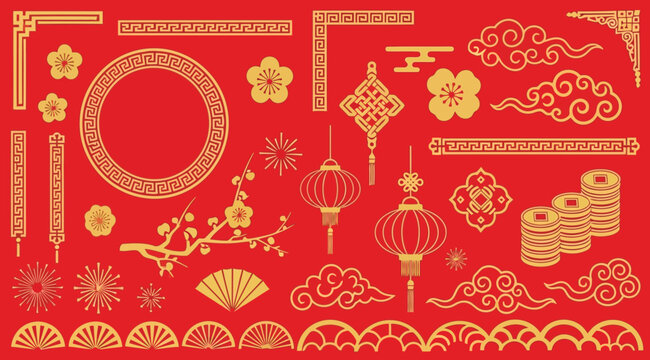 Chinese new year decorative elements set with traditional patterns, lanterns, clouds, flowers, and gold coins