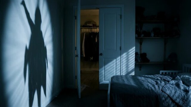 Sinister shadow of monster appearing on bedroom wall at night. Child room with ghost horror concept. Creepy silhouette in darkness, suspenseful paranormal film scene.