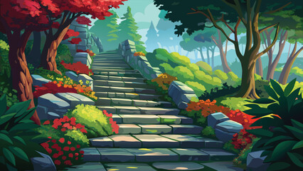 Vibrant cartoon landscape of Mystical stone pathway ascending through an enchanted forest glade Vector © CreativeKamrul