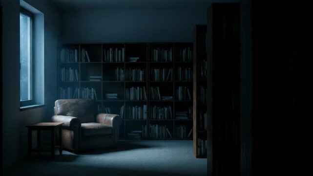 Empty leather armchair in dimly lit library at night. Creepy room with dark bookshelves. Mysterious nocturnal study atmosphere for thriller and horror thematic.