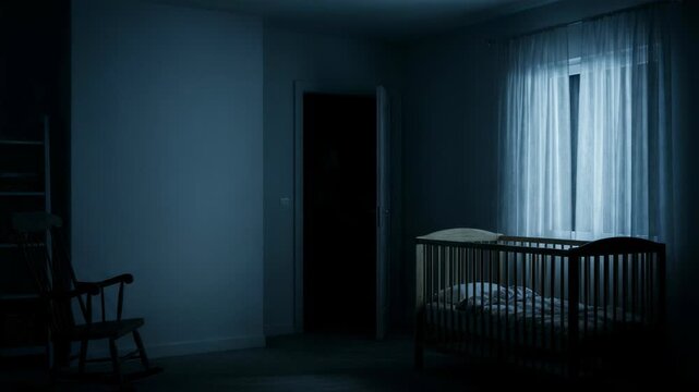 Empty nursery in dark room at night with rocking chair and crib. Horror scene inspired by moonlight through window. Ghostly silence and eerie home interior mood.