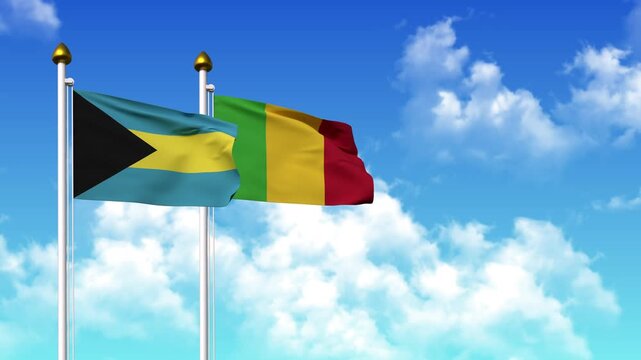 Waving flags of BAHAMAS and MALI on pole included with alpha