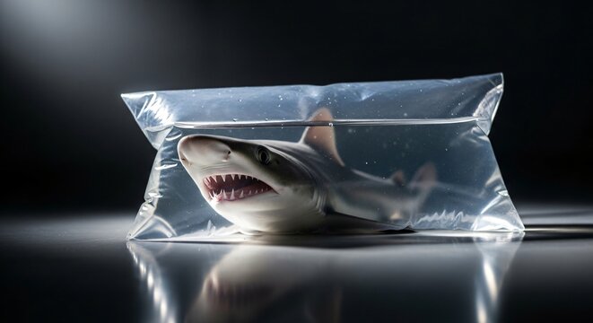 Shark with open mouth and sharp teeth floats inside clear plastic bag filled with water on dark reflective surface in studio shot