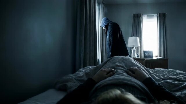 Man in hoodie watching person sleeping in bedroom at night. Scary intruder standing by bed. Nightmare, horror movie scene, mystery, crime, thriller cinematography.