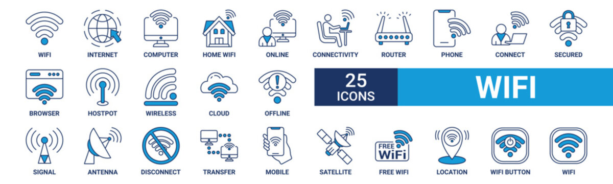 Wifi icon set. Containing internet, computer, online, connectivity, router, phone, connect, secured, browser and more. Blue vector icons collection.