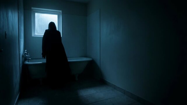 Scary woman standing in dark bathroom. Ghostly figure haunting abandoned house. Cinematic horror scene with eerie silhouette reflecting suspense and spooky mystery.