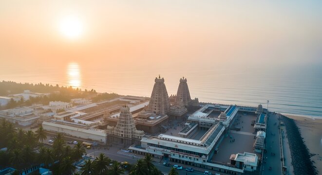 Aerial drone view of the ancient Ramanathaswamy Hindu temple at sunrise on the ocean coast of Rameswaram, Tamil Nadu, India.