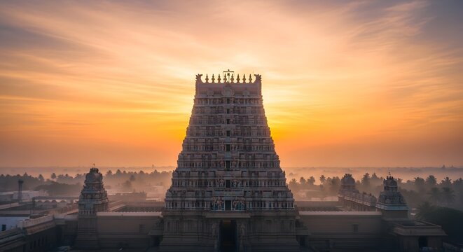 Grand Rameswaram Temple gopuram in golden sunrise light, Tamil Nadu, India.