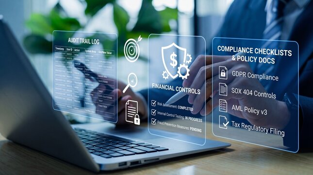 A businessman reviews financial controls and compliance checklists on a laptop