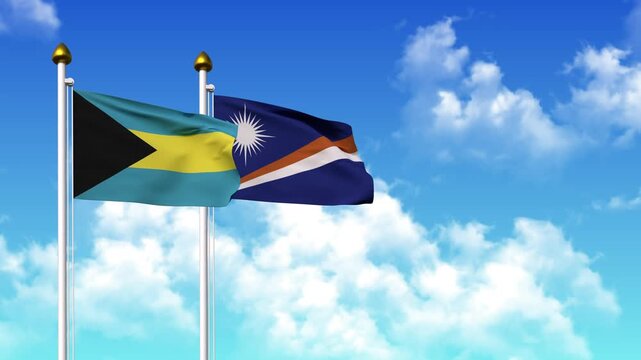 Waving flags of BAHAMAS and MARSHALL ISLANDS on pole included with alpha