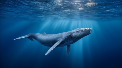 Fototapeta premium Cinematic underwater photography of a massive blue whale gliding through deep ocean waters with soft sun rays penetrating the surface