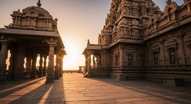 Ancient Ramanathaswamy Temple architecture in Rameswaram, India, at sunset.